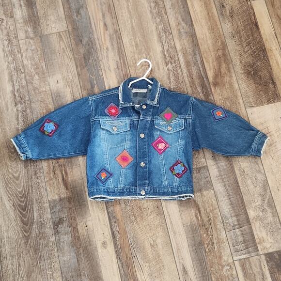 Girls 3T Denim Jacket patches with floral applique oversized look JM Originals - Picture 1 of 10